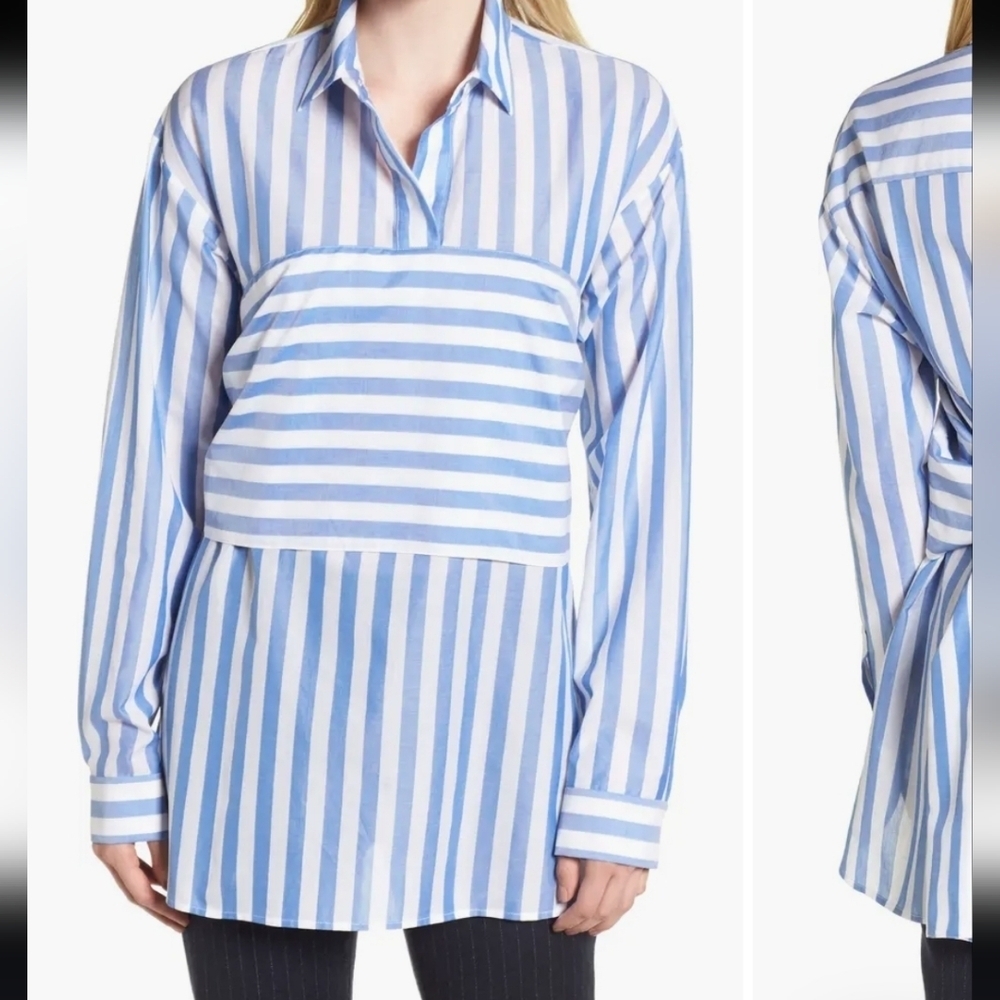 Lewit Designer Luxury Cotton Blue Striped Tie Waist Women's Blouse Medium